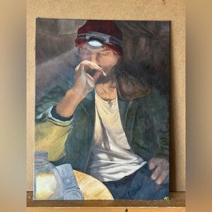 Contemporary Oil Portrait Painting with Red and Green Highlights